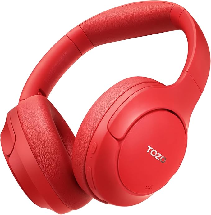 TOZO HT2 Hybrid Active Noise Cancelling Headphones, Wireless Over Ear Bluetooth Headset, 60H Playtime, Hi-Res Audio Custom EQ via App Deep Bass Comfort Fit Ear Cups, for Home Office Travel Red