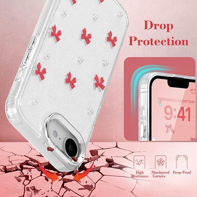 EYZUTAK Case for iPhone 16e, Bling Glitter 3D Bowknot Phone Case Cute Sparkly Crystal Clear Bow Aesthetic Design Cover Slim Soft Durable TPU Transparent Protective Cover for Women Girl - Red Bow