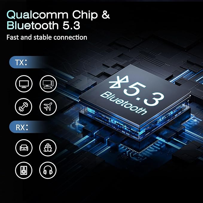 Bluetooth Transmitter Receiver, 2-in1 Bluetooth Adapter for Airplane, 5.3 Transmitter for TVs, Gym Equipment, Cars,Use with 3.5mm Jack and RCA Cable