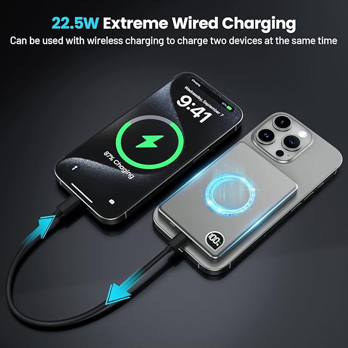 Portable Charger Power Bank, 5000mAh Ultra Slim Battery Bank with USB-C Cable & Digital Display, 22.5W Fast Charging Magnetic Battery Pack for iPhone 16/15/14/13 Series, Samsung & Android(Gray)