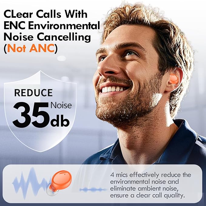 Lanteso True Wireless Bluetooth 5.3 Earbuds, 48H Playtime,Light Weight Headphones in Ear Buds Built in Mic Headset Premium Sound with Deep Bass,Clear Calls Earphones for Sports Workout Orange