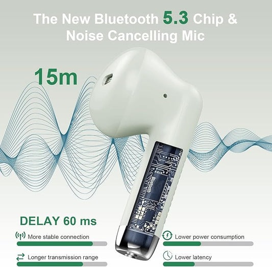 Wireless Earbuds, Bluetooth 5.4 Headphones In Ear with Noise Cancelling Mic, Bluetooth Earbuds Stereo Bass, IP7 Waterproof Sports Earphones, 32H Playtime USB C Charging Green Ear Buds for Android iOS