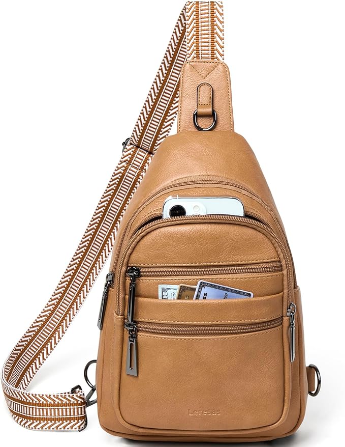 Sling Bag for Women Cross Body Purse Fanny Pack Sling Backpack Vegan Leather Shoulder Crossbody Bag Travel Tan