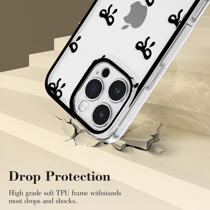 EYZUTAK Case for iPhone 13 Pro Max, Clear Cute Ribbon Bowknot Pattern Aesthetic Transparent Phone Case Raised Camera Protection Stylish Slim Soft Durable TPU Protective Cover for Women Girls - Black