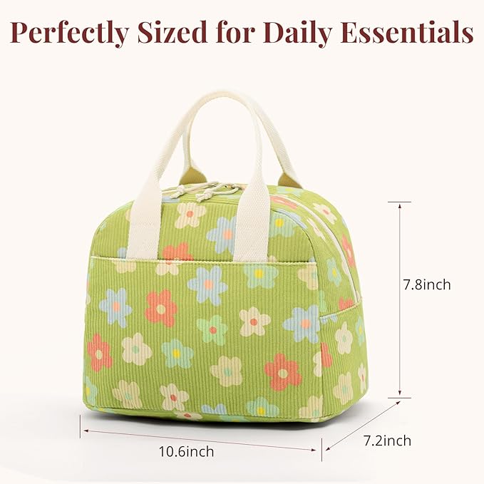 Insulated Floral Green Lunch Bag for Women, Corduroy Tote with Aluminum Lining, Large Capacity Reusable Cooler for Work, Travel, Beach or Picnic, Floral Pattern Water-Resistant Lunch Box