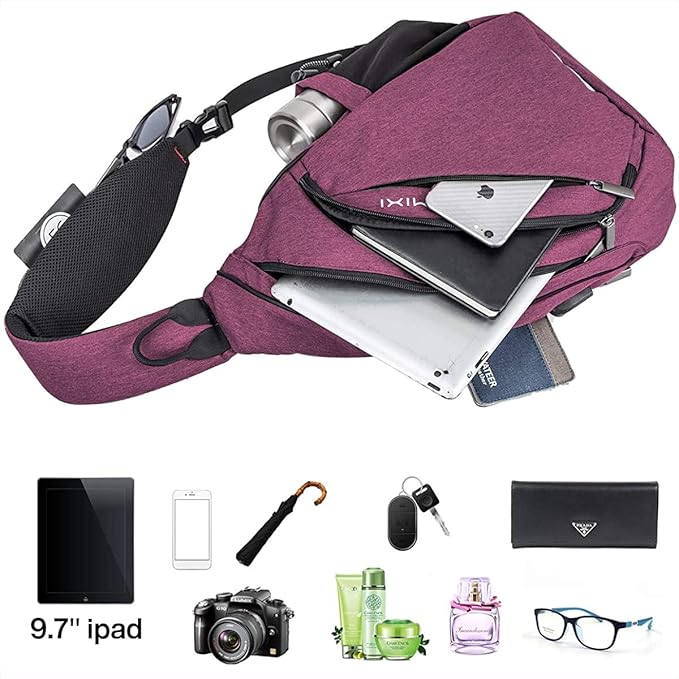 mixi Sling Bag Men Backpack Unisex One Shoulder Bag Hiking Travel Backpack Crossbody with USB Port for Men Women Versatile Casual Daypack-17 inch,Purple