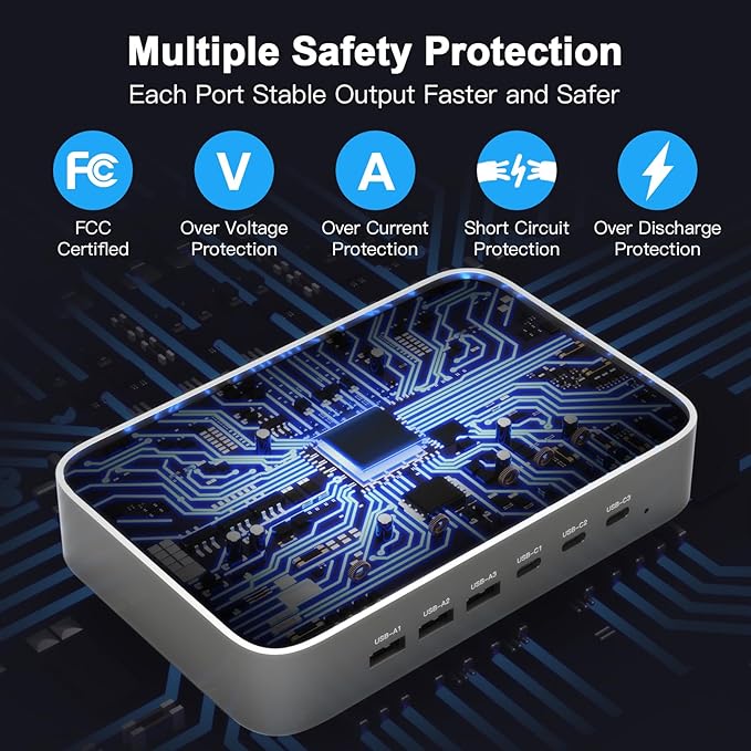 MSTJRY 90W 6-Port USB C Fast Charging Station for Multiple Devices, Multi PD Charger Station for iPhone iPad Tablet Phone, Charging Dock Organizer with Adjustable Dividers for Home Office Classroom