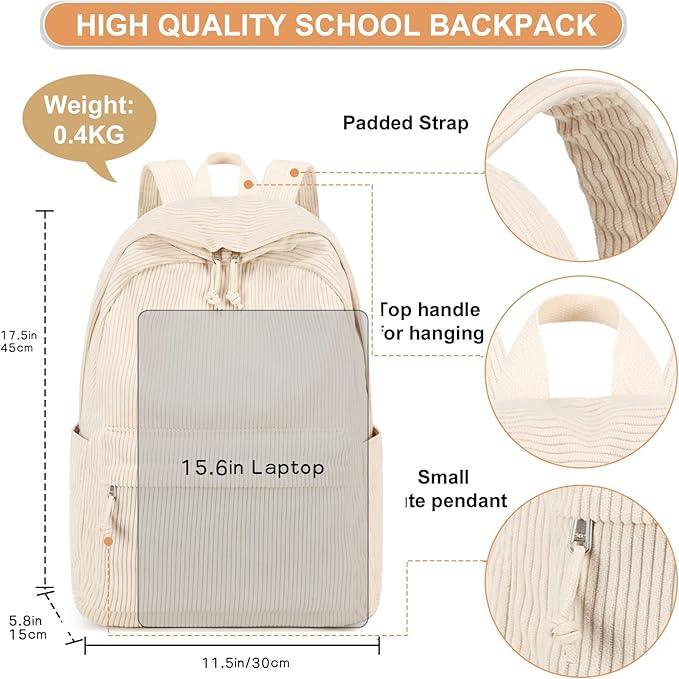 School Backpack for Teens Large Corduroy Bookbag Lightweight 15.6 inch Laptop Bag for Girls Women Casual High School College