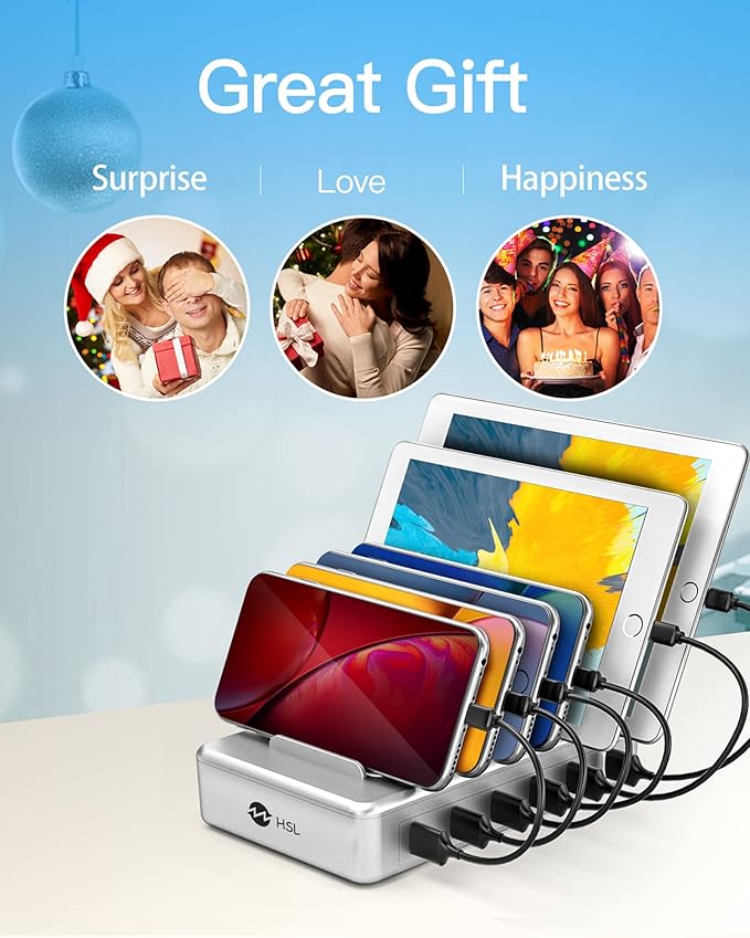 Charging Station for Multiple Devices - 6 Port Fast Charging Station for iPhone iPad Android and Tablet - Multi Charging Stations - Phone Charging Stations with 6 Mixed Cables Included(UL Certified)