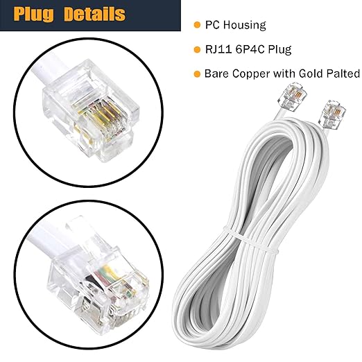 25FT Telephone Extension Cord Cable, Landline Phone Line Wire with RJ11 6P4C Plugs, Includes Cable Clips - White - 2 Pack