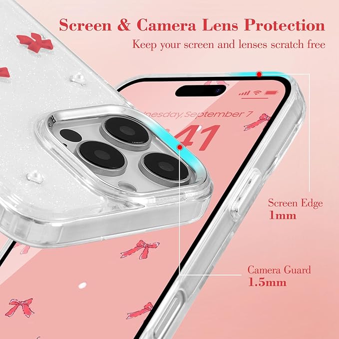 EYZUTAK Case for iPhone Air, Bling Glitter 3D Bowknot Phone Case Cute Sparkly Crystal Clear Bow Aesthetic Design Cover Slim Soft Durable TPU Transparent Protective Cover for Women Girl - Red Bow