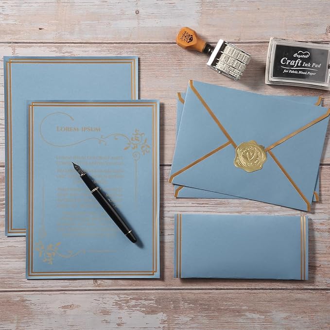 50 Pack Stationery Set with Gold Border, A6 Envelopes and 6x8 Paper Sheets and Stickers for Writing Letters (Dusty-Blue, 6x8 Inches)