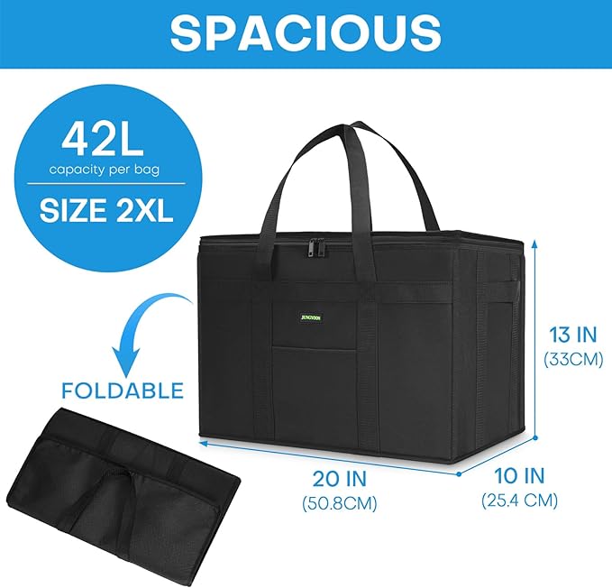 JUNGYOON Heavy-Duty Insulated Grocery Bags & Picnic Basket – Collapsible Cooler Bag with Zippered Top | Reusable Shopping Bags for Groceries, Picnics, Easy Storage (XXL Black)