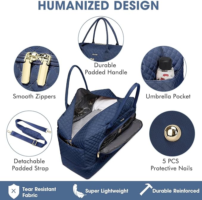 Travel Duffle Bag Weekender for Women - 38L Carry-On Overnight Bag Personal Item Bag with Shoe Compartment & Wet Pocket Weekend Tote Bags with Toiletry Bag Hospital Bags for Labor and Delivery Navy