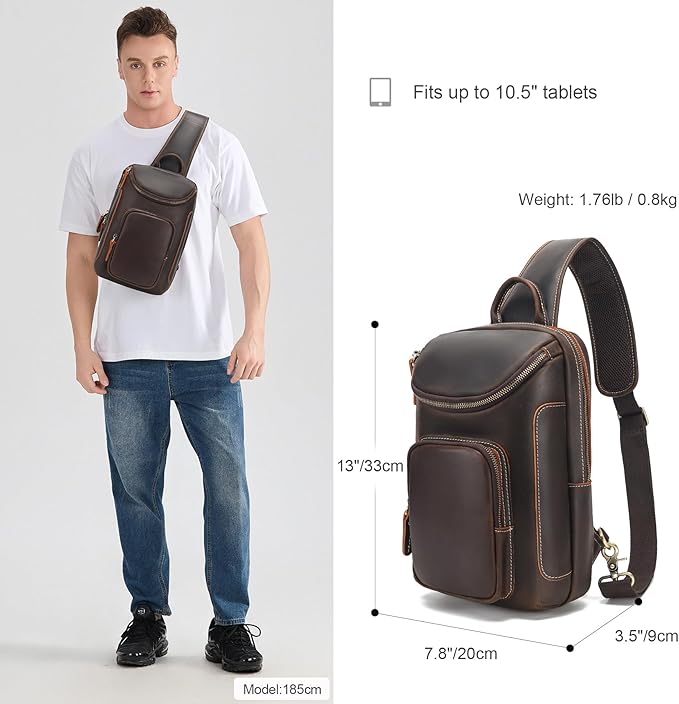 LANNSYNE Full Grain Leather Sling Bag For Men, Crossbody Chest Daypack Fits 10.5" iPad, Men’s Crossbody Bag