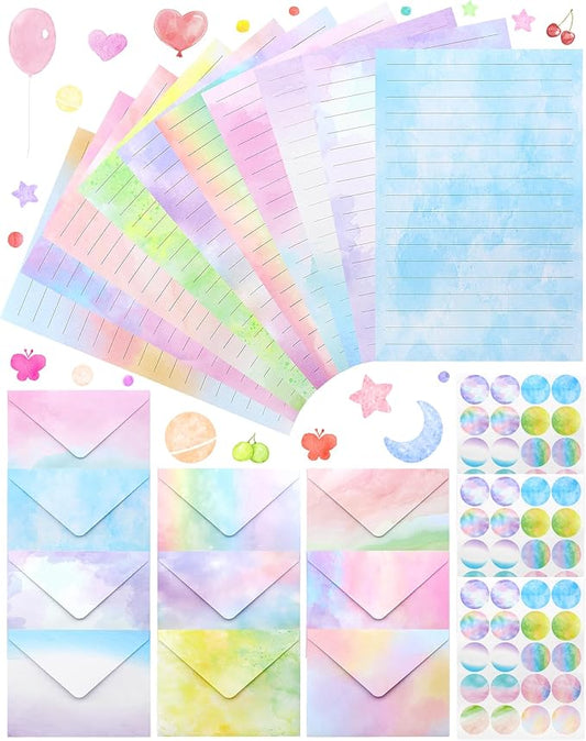 160 Pcs Stationery Paper Set Including 50 Matching Envelopes 50 One Side Stationery Writing Papers 60 Round Dot Sticker for School Office Supplies,10 Designs, 5.5 x 8.25 Inch(Watercolor Wash)