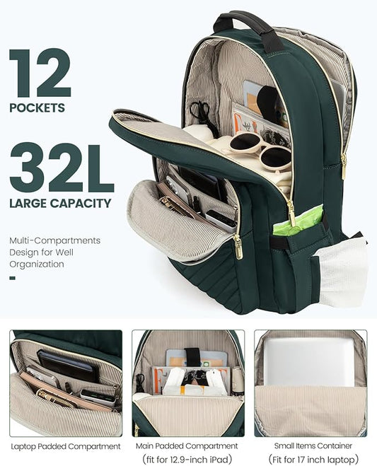 LOVEVOOK Laptop Backpack for Women, Large Capacity Travel Computer Work Bag with 17-inch Laptop Compartment, Business Nurse Backpack Purse, Hiking Outdoor Carry On Backpack, Deepgreen