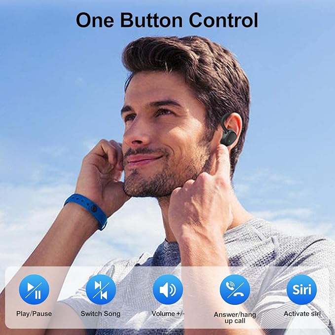 Bluetooth Wireless Headphones Earbuds 60hrs Playback Ear Buds IPX6 Waterproof Stereo Bass Over-Ear Earphones with Earhooks Microphone LED Battery Display for Sports/Workout/Gym/Running