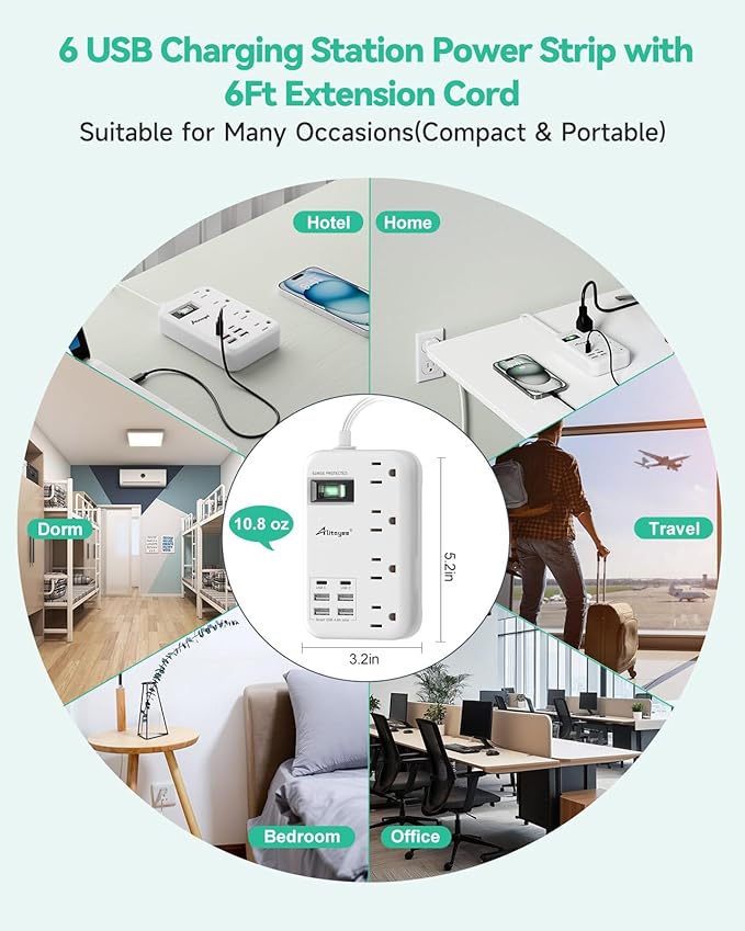 Alitayee 6 USB(2 USB C) Surge Protector Power Strip- Travel Power Strip with 24W USB Charging Station and 4 Extendable Outlet Extender, 6Ft Flat Extension Cord with Wall Mounted for Travel Home Dorm