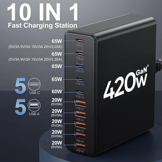 420W USB C Charger Block,10-Port Charging Station GaN Fast Charging Type C & USB A Wall Charger Adapter for MacBook Pro/Air,iPhone,iPad,Dell XPS,Samsung Galaxy(Black)