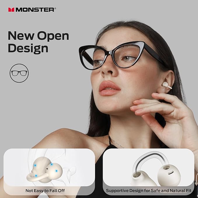 Monster Open Ear AC339 Earbuds, Bluetooth 6.0 Earphones Stereo Sound, Open Ear Clip Wireless Earbuds 40 Hours Playback, with Smart Digital Display Design, Touch Control, IPX6 Waterproof,Beige