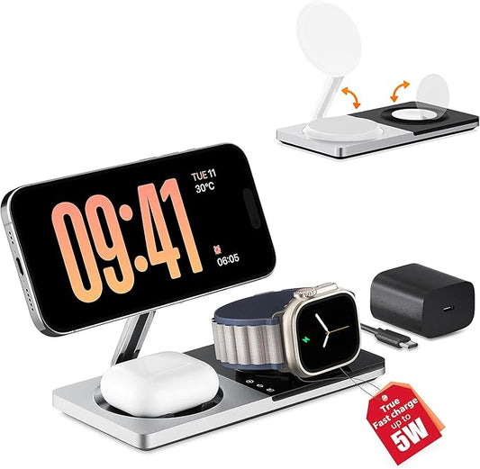 3 in 1 Charging Station for Apple Devices: Mag-Safe Charger Stand Fast Charging, Wireless Charger for iPhone 16/15/14/13/12 Series, Apple Watch Series 1-9/Ultra, AirPods Pro,30W USB Charger (Silver)
