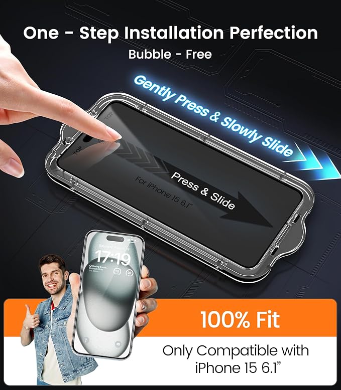 EZ-GLAZ- 4 Pack for iPhone 15 Privacy Screen Protector [6.1"] With 2 Pack Camera Lens Protector, 9H+ Hardness 12FT Military Grade Shatterproof Scratch Resistant Durable Tempered Glass Film with Flawless Fit Kit