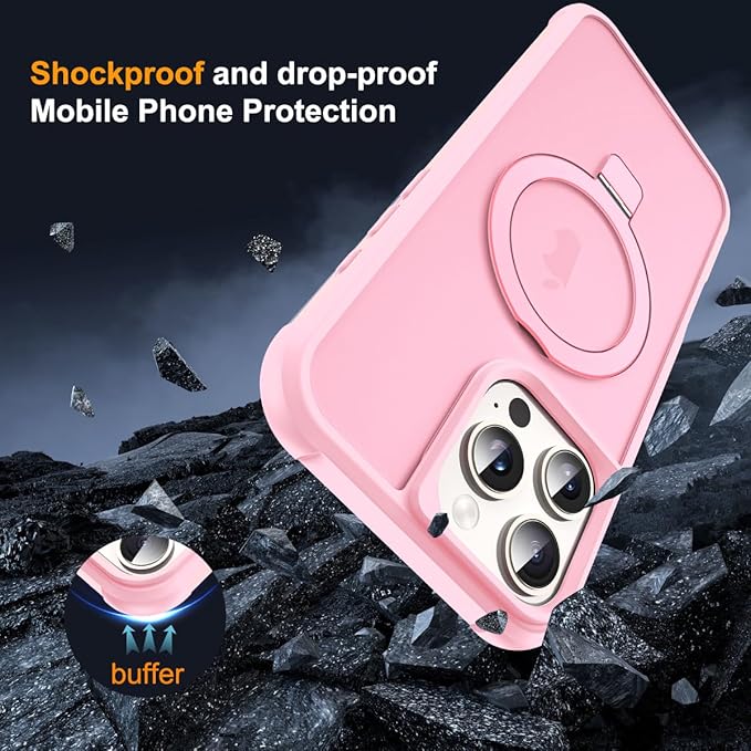 Compatible with iPhone 16 Pro Max Case with Invisible Magnetic O-Ring Stand Military-Grade Translucent Case for iPhone 16 ProMax 6.9" [Compatible with Mag-Safe][Great Grip Feeling], Pink