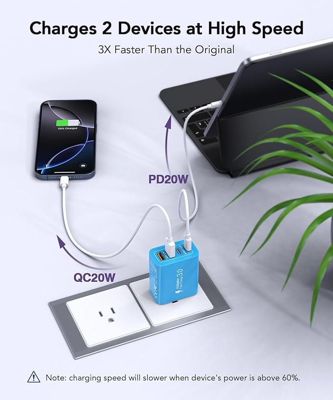 40W USB C Charger Block, 2-Pack 4-Port Type C Fast Charging Brick Dual PD&QC Wall Plug Adapter Power Brick for iPhone 16/15/14/13/12/Pro Max Plus/iPad/Airpods/iwatch/Samsung Galaxy (Light Blue)
