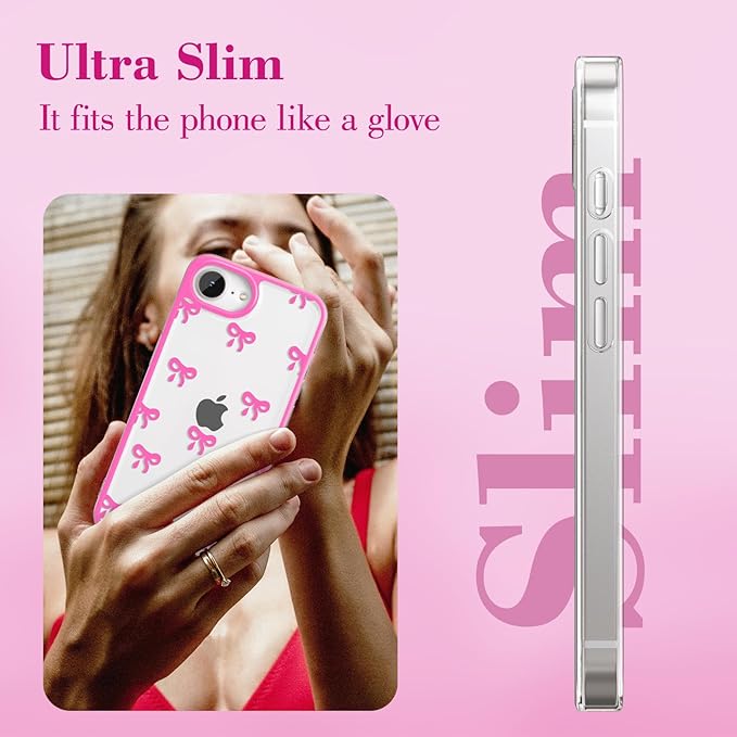 EYZUTAK Case for iPhone 16e, Clear Cute Ribbon Bowknot Pattern Aesthetic Transparent Phone Case Raised Camera Protection Stylish Slim Soft Durable TPU Protective Cover for Women Girls - Rose Red