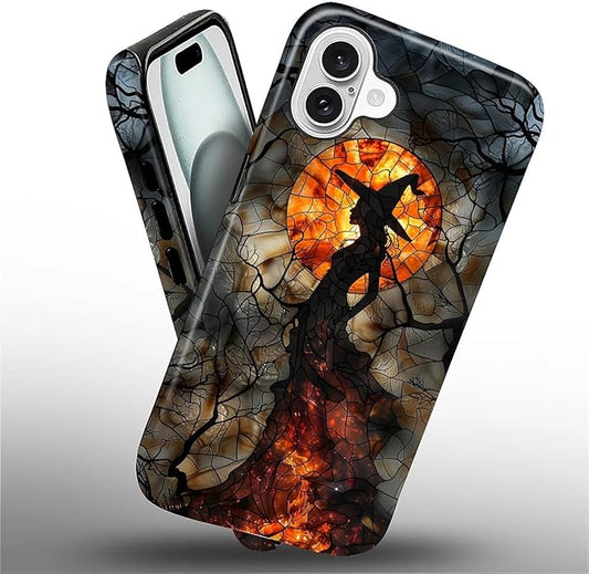 Case for iPhone 16 Plus Case,Halloween Witch Moon Stained Glass Design Hybrid Dual Protection Silicone + Hard PC Shockproof Full Body Cover Slim Anti-Scratch Protective Case for Men Women