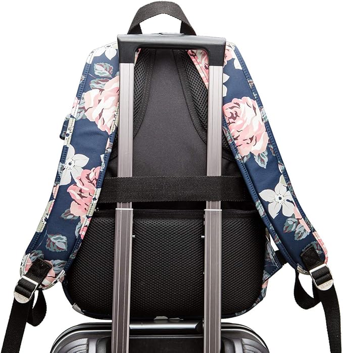 Kinmac Waterproof Laptop Travel Outdoor Backpack with USB Charging Port for 13 inch 14 inch and 15.6 inch Laptop（White Rose）