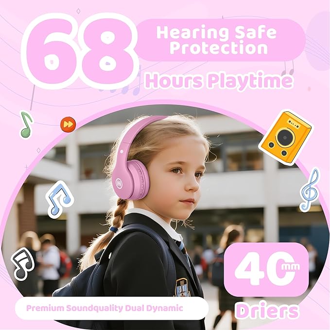 Headphones Kids Bluetooth 5.4 Wireless Play Time 68H Safe Volume Limit 85/94dB Over-Ear Foldable Headset,Fast Charging,with Aux Cord Built-in Mic for Toddler Child Pad Study Tablet Pink