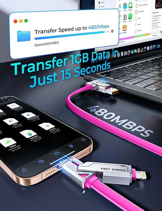 [2025 Upgrade] 4-in-1 USB C Cable 60W 5FT Compatible With Lightning Cable [Fast Charging & Data Transfer] Flat Type C/A to C/L Cord for iPhone/iPad, Multi Charger Wire Combo for All Devices (Pink)