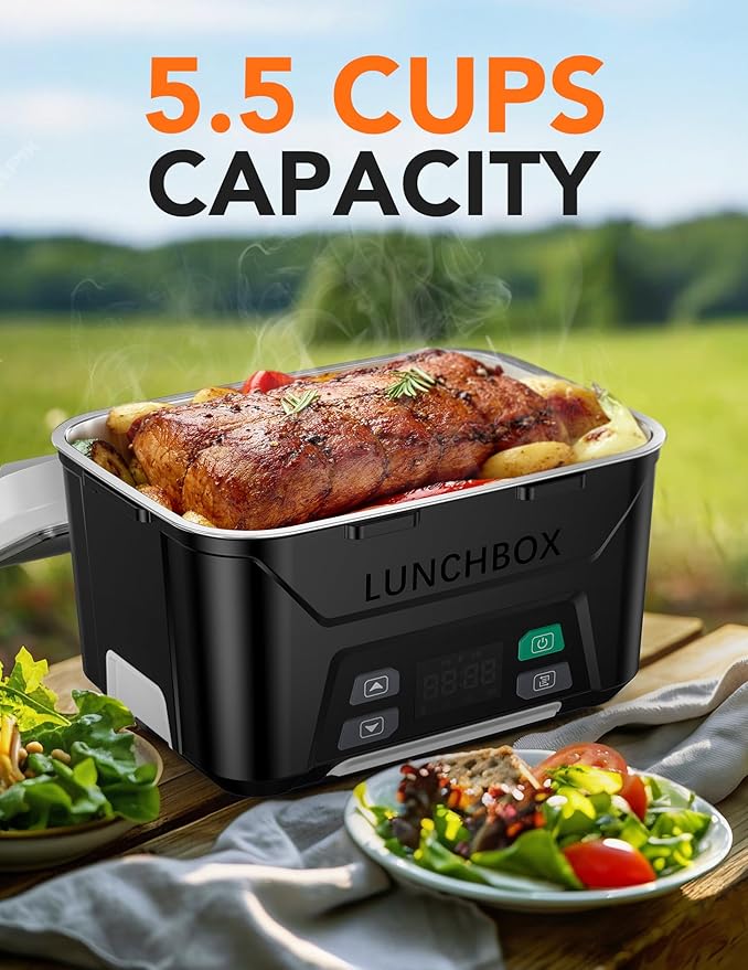 EAST OAK Cordless Electric Lunch Box for Adults, Heated Lunch Box Battery Powered with Automatic Heating, 5.5 Cups Portable Food Warmer with Removable Tray Divider