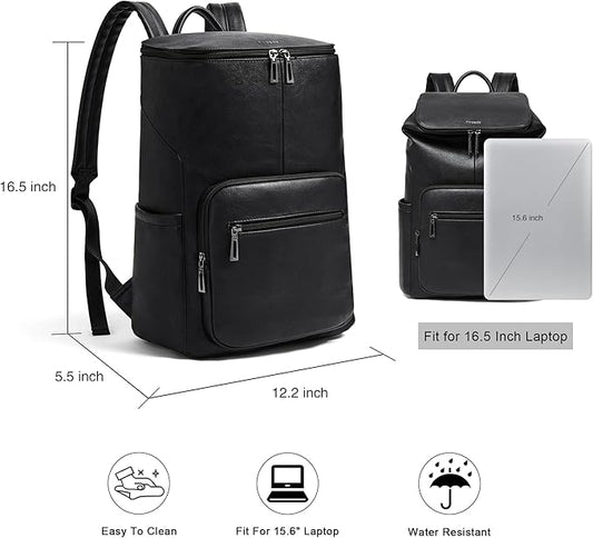Leather Laptop Backpack for Women, 15.6 Inch Travel Backpack with Laptop Compartment, Casual Daypack Fashion Travel Backpack Purse for Travel College Work, Black