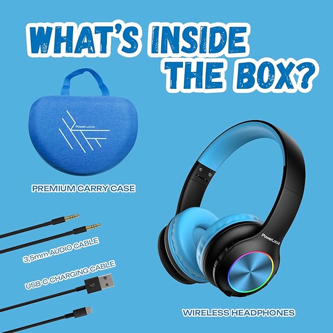 PowerLocus PLED Kids Bluetooth Headphones, Kids Wireless Headphones with LED Lights, 74/85/94dB Safe Volume, Micro SD, AUX Cable, Hi-Fi Stereo, Built-in Mic Over Ear Kid Headphone for Travel/Tablet/PC