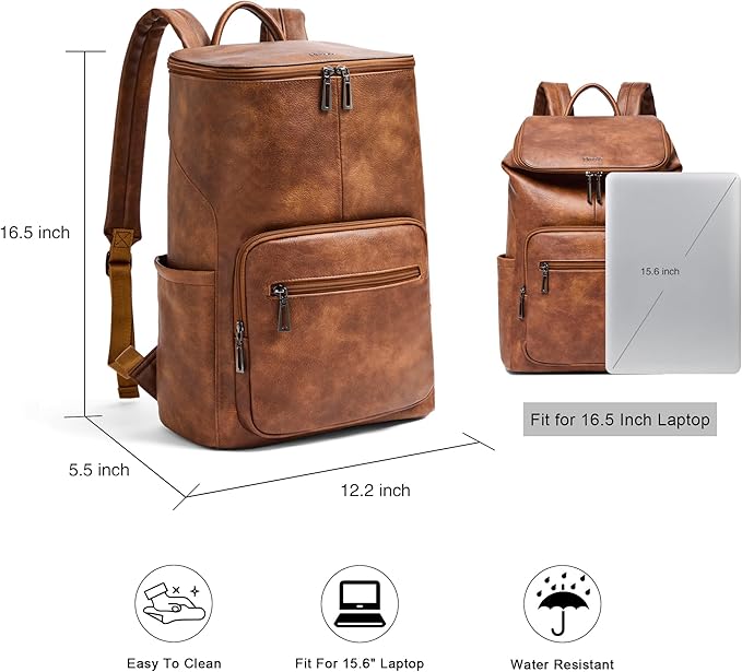 Leather Laptop Backpack for Women, 15.6 Inch Travel Backpack with Laptop Compartment, Casual Daypack Fashion Travel Backpack Purse for Travel College Work, Brown