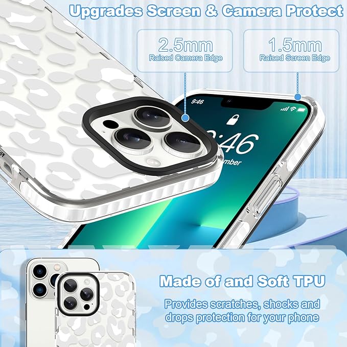 ZIYE Clear Case for iPhone 13 Pro Phone Case White Leopard Design Shockproof Soft TPU Bumper Protective for Women Girls Girly Cute Cover for