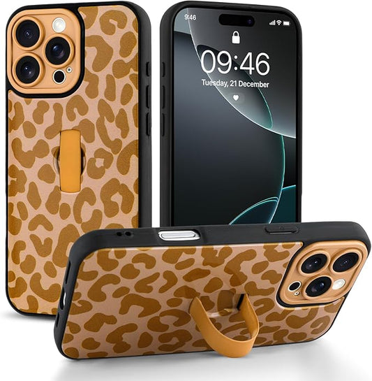 Compatible with iPhone 16 Pro Max Case with Finger Hand Strap Kickstand, Trendy Cool Leopard Cheetah Print Phone Case for Women Men, Full Camera Protection Shockproof Protective Cover, Brown