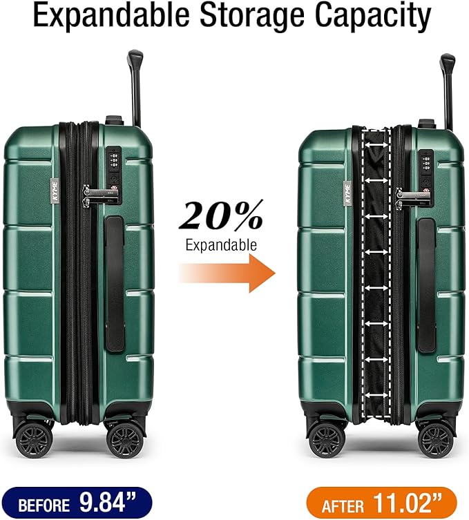 KYME Green Carry On Luggage 22x14x9 Airline Approved Expandable 20 Inch Hardshell Carry On Suitcase with Wheels TSA Lock Small Travel Rolling Luggage with Cup Holder for Men Women