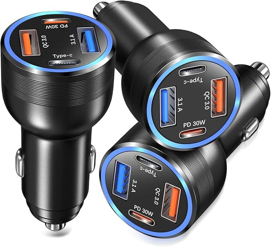 USB C Car Charger 3 Pack, Bangfun 4-Port 65W Dual 12V USB-C & USB A Car Charger Power Adapter QC+PD 3.0 Fast Charging Cigarette Lighter Plug for iPhone 16/15/14/13/11 Pro,Samsung S24,Android(Black)