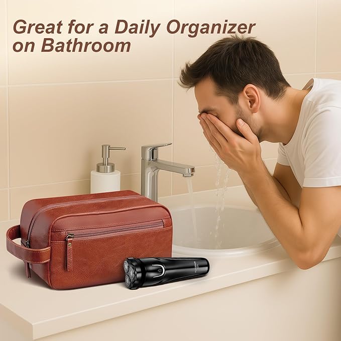 Travel Toiletry Bag for Men and Women, Travel Shaving Dopp Kit Water-resistant Bathroom Toiletries Organizer PU Leather Cosmetic Bags (Brown)