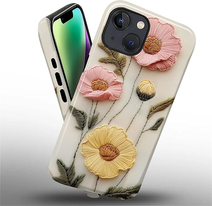 Case for iPhone 14 Plus Case,Faux Embroidery Boho Floral Design - Hybrid Dual Protection Silicone + Hard PC Shockproof Full Body Cover Slim Anti-Scratch Protective Case for Men Women