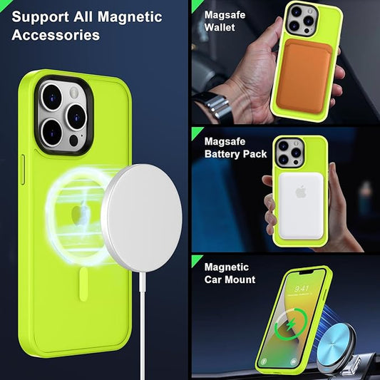 MOCCA Strong Magnetic for iPhone 13 Pro Max Case,[Compatible with Magsafe][Glass Screen Protector+Camera Lens Protector] Slim Shockproof Cover Phone Case for iPhone 13 Pro Max 6.7",Fluorescent Green