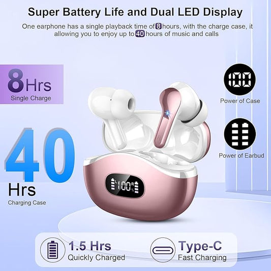 Wireless Earbuds, Bluetooth Headphones 5.3 HiFi Stereo Ear buds with ENC Noise Cancelling Mics, 40H Bluetooth Earbuds with LED Display Charging Case, IP7 Waterproof Earphones for Android iOS, Rosegold