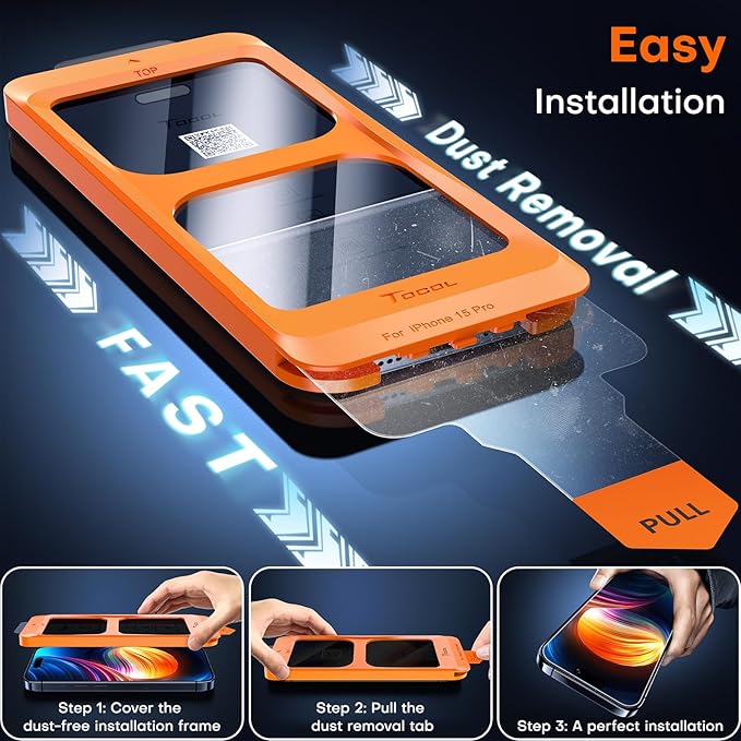 TOCOL for iPhone 15 Pro Privacy Screen Protector 9H+ Hardness Tempered Glass Full Coverage Screen Protector Easy Installation 2 Pack