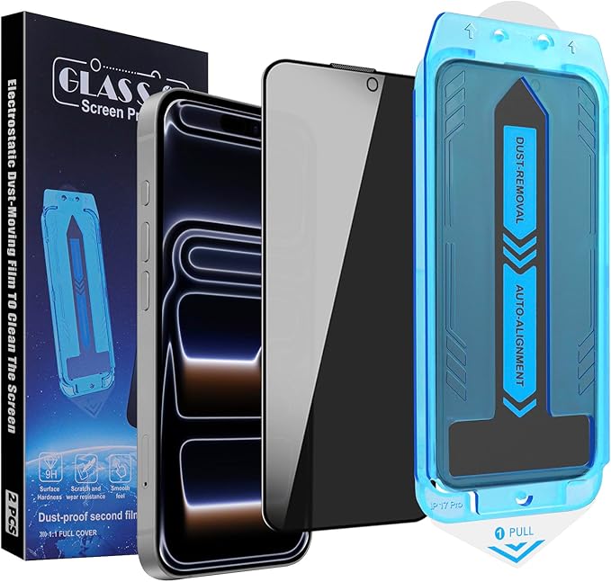 2-Pack Privacy Screen Protector for iPhone 17 Pro 6.3-inch, 9H Tempered Glass, Full Coverage, Anti-Fingerprint, Auto Dust-Elimination, No Bubble, Easy Installation