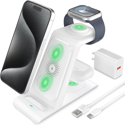 HATALKIN 3 in 1 Wireless Charging Station Compatible for Apple Products Multiple Devices Charger for Apple Watch Ultra 11 10 9 8 7 SE AirPods Pro iPhone 17 16 15 14 13 Pro Max/X/XS Fast Charger Stand