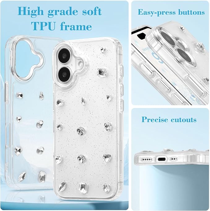 EYZUTAK Case for iPhone 16 Plus, Bling Glitter 3D Diamond Phone Case Cute Sparkly Crystal Clear Aesthetic Design Case Slim Soft Durable TPU Transparent Protective Cover for Women Girls - Crystal